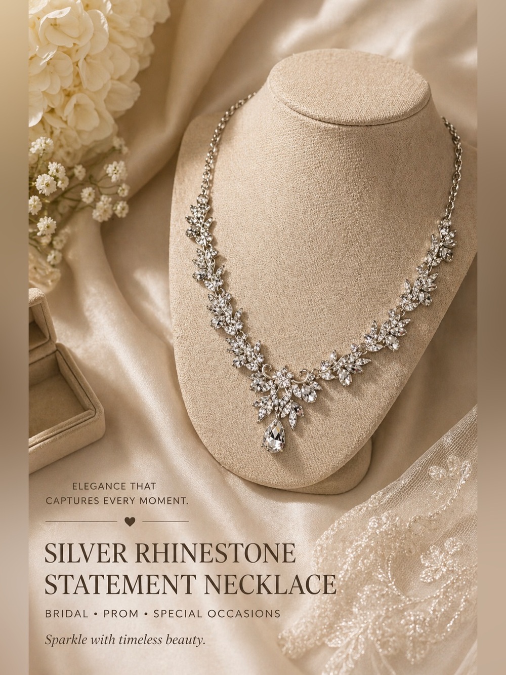 Silver Rhinestone Statement Necklace Bridal Wedding Prom Crystal